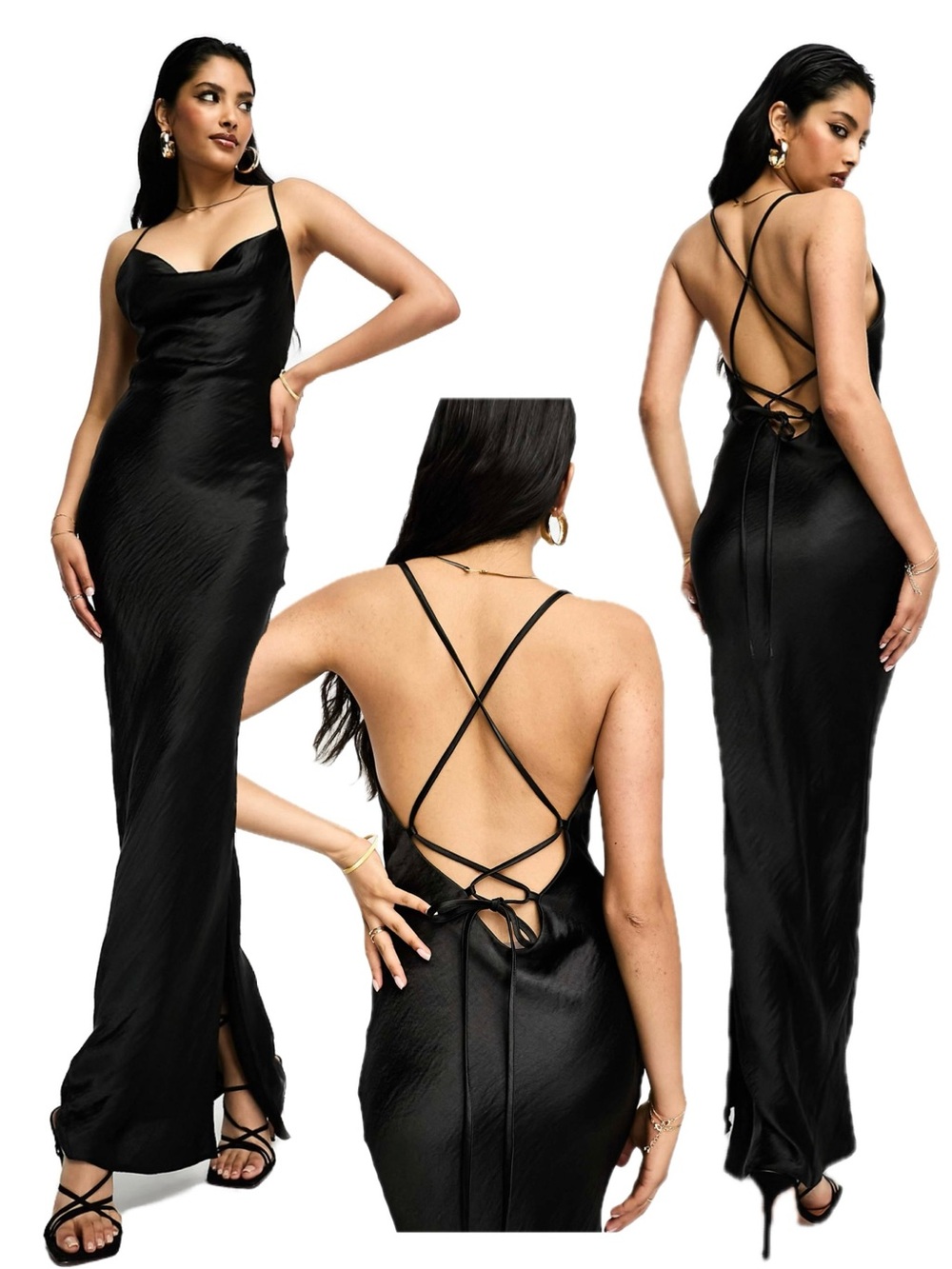 ASOS Design Black Satin Cowl Neck cami Maxi Slip Dress Sz 8 high shine lace up